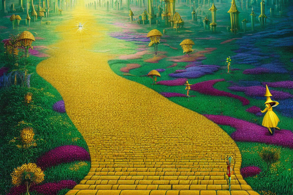 Colorful Yellow Brick Road through Magical Land with Whimsical Flora and Figure in Yellow Hat