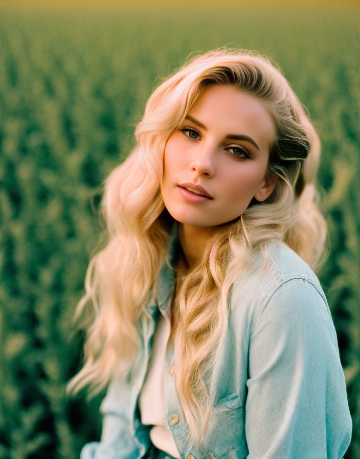 Blonde woman in denim shirt against green field