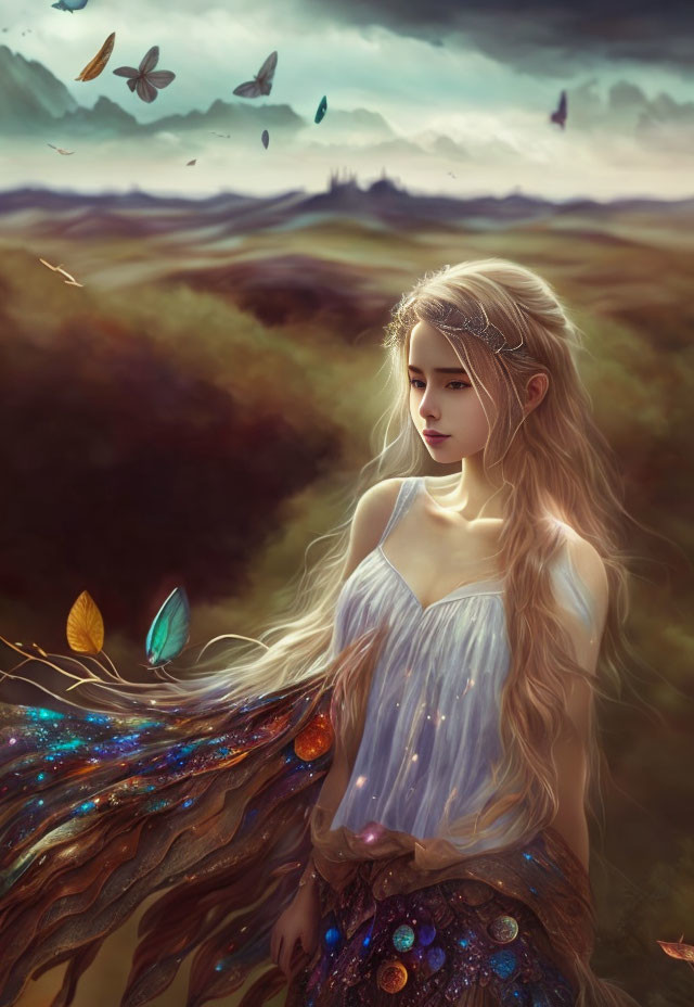 Blonde woman in jeweled dress in fantasy landscape with butterflies