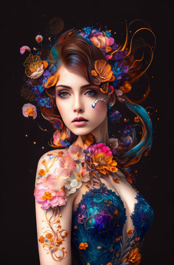 Colorful Woman with Floral Headdress and Body Art on Dark Background