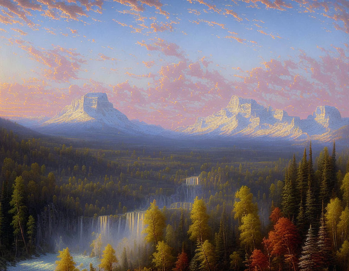 Sunrise mountain landscape with forest and waterfall.