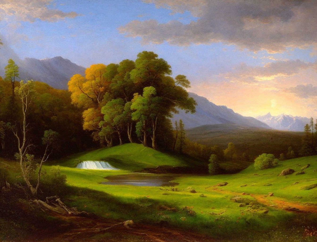 Tranquil landscape painting of lush valley, waterfall, and sunset.