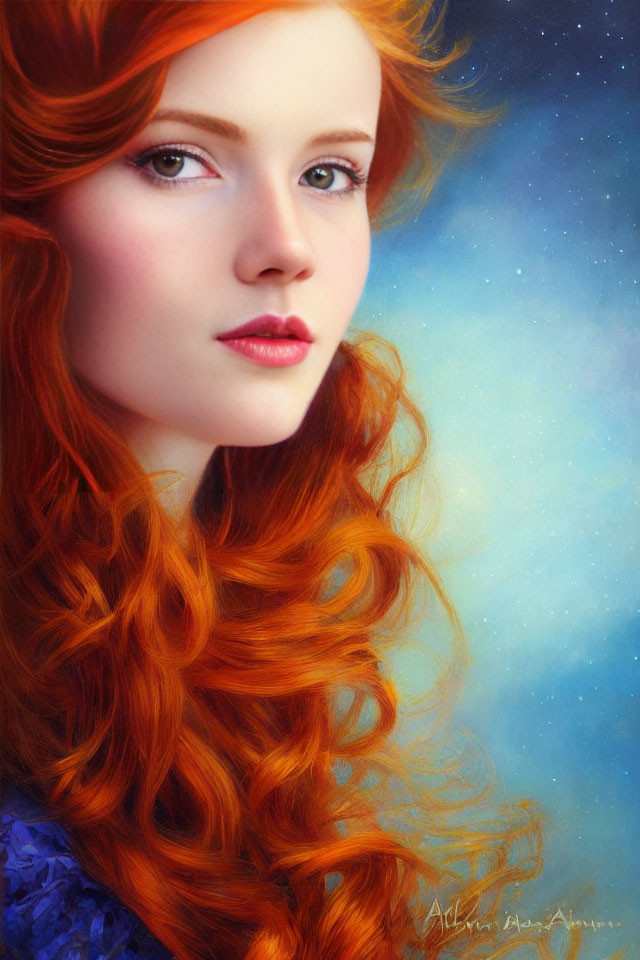 Red-haired woman portrait against cosmic backdrop with serene gaze