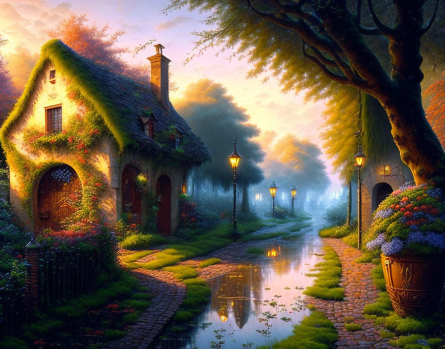 Tranquil Fantasy Village with Ivy-Covered Cottages