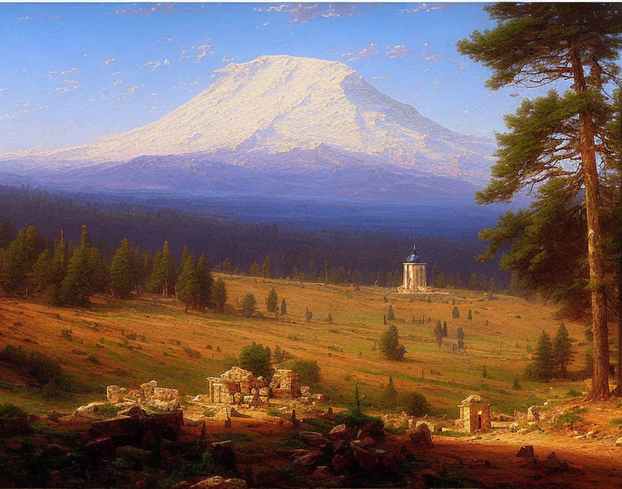 Scenic landscape painting with snow-capped mountain, trees, and ancient ruins.