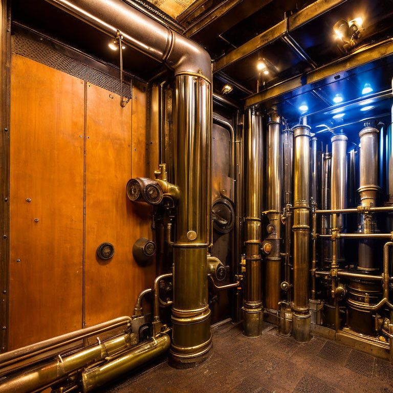 Vintage Machinery Room with Copper Pipes and Steel Columns