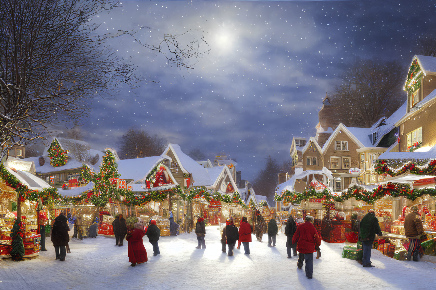 Snow-covered holiday market at night with festive lights and starry sky