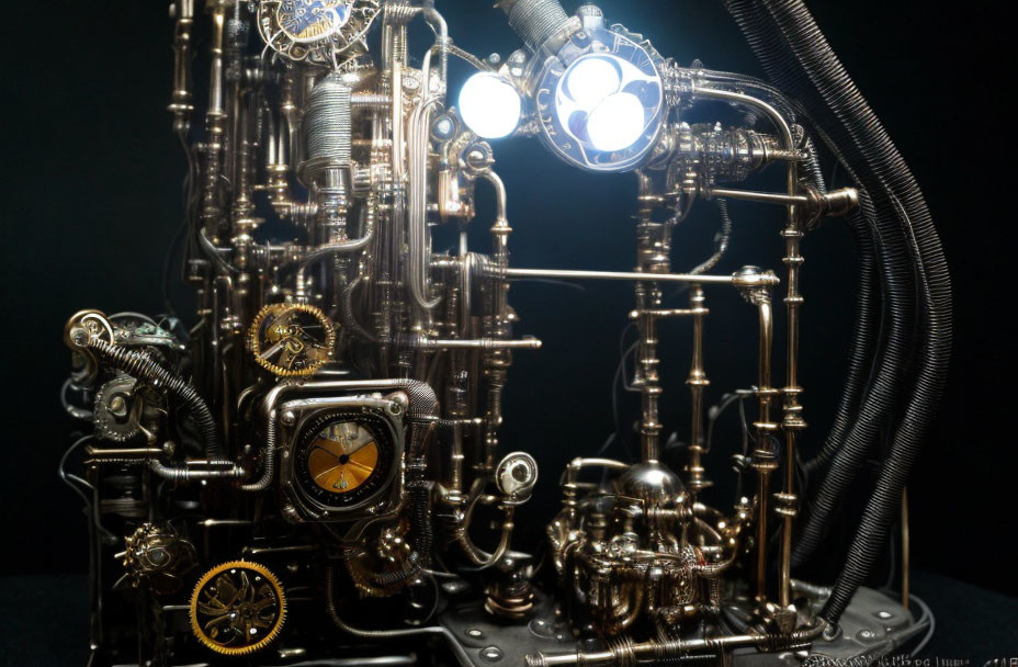 Steampunk contraption with pipes, gauges, and glowing lights