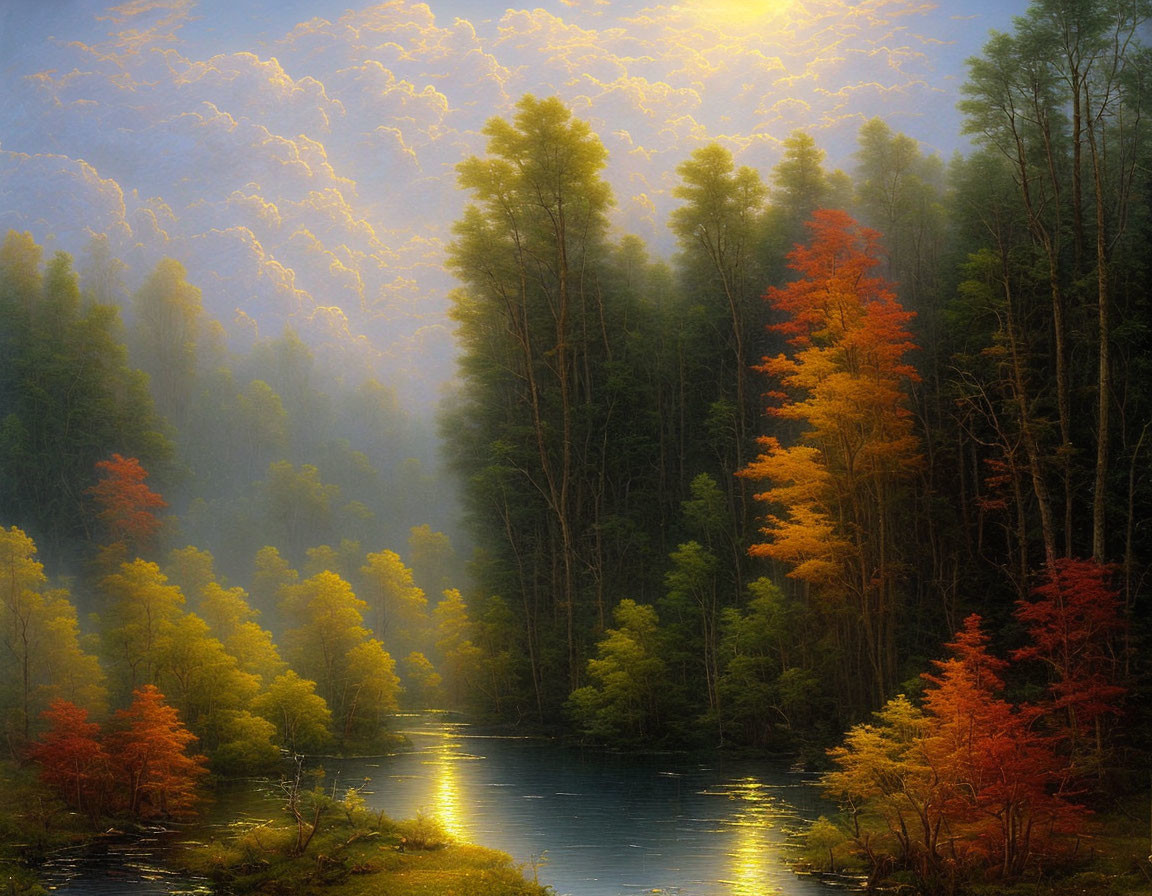 Autumn forest scene with meandering river and misty light