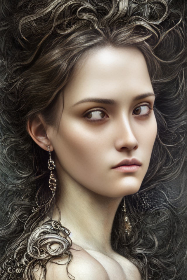 Detailed Portrait of Woman with Wavy Dark Hair and Intense Eyes