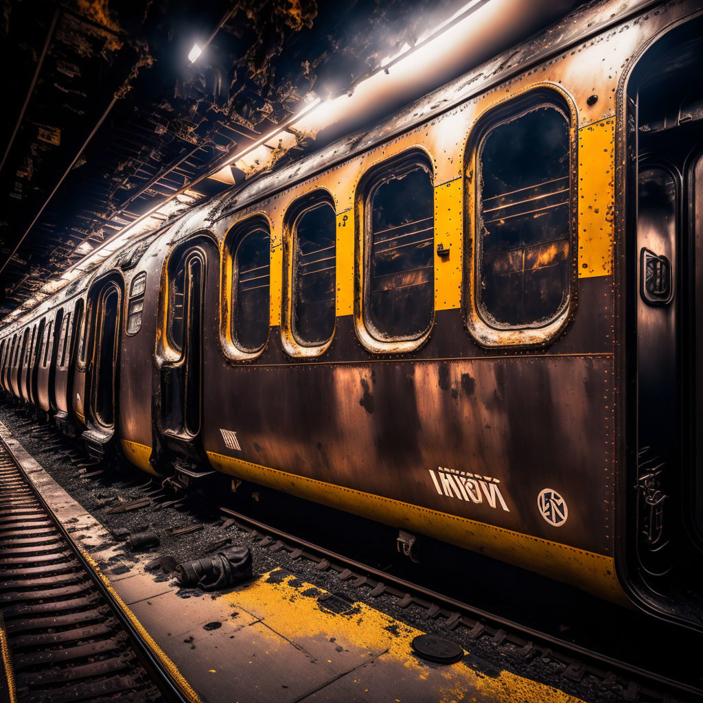 Weathered subway train with graffiti in dimly lit station