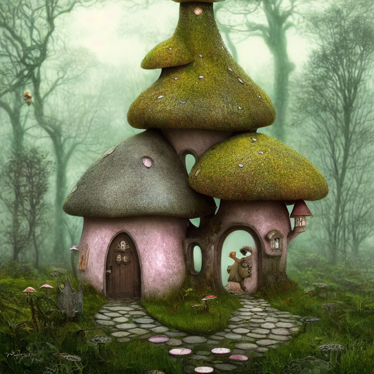 Enchanted forest scene with moss-covered mushroom house, mist, toadstools, stone path