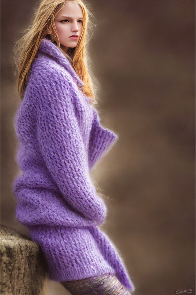 Young woman in purple sweater leaning against natural backdrop