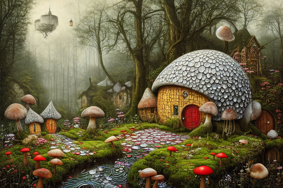 Fantastical forest scene with mushroom houses and misty atmosphere