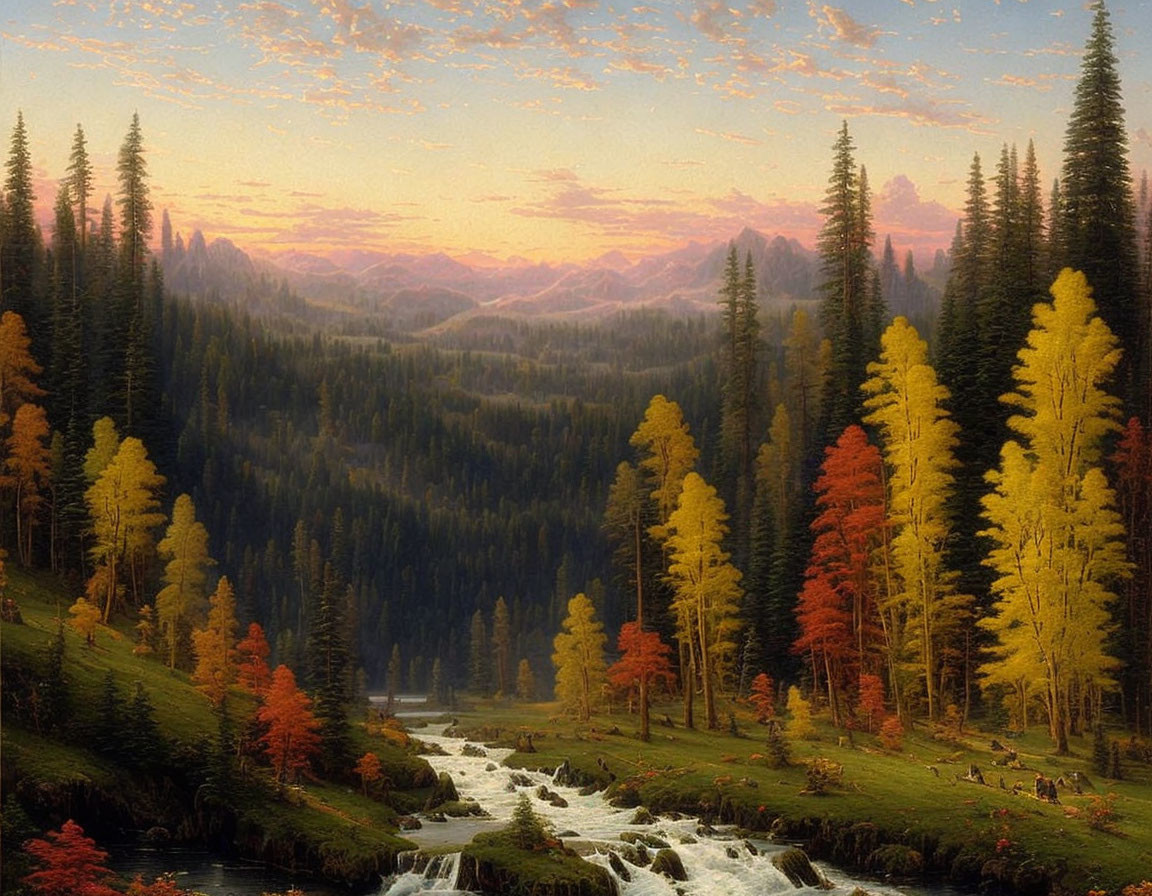 Tranquil river with cascades, autumn trees, mountains, twilight sky