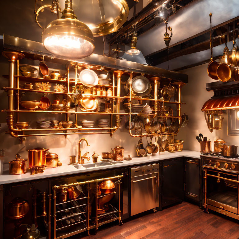 Kitchen with Copper Pots, Pendant Lights, Stainless Steel Appliances