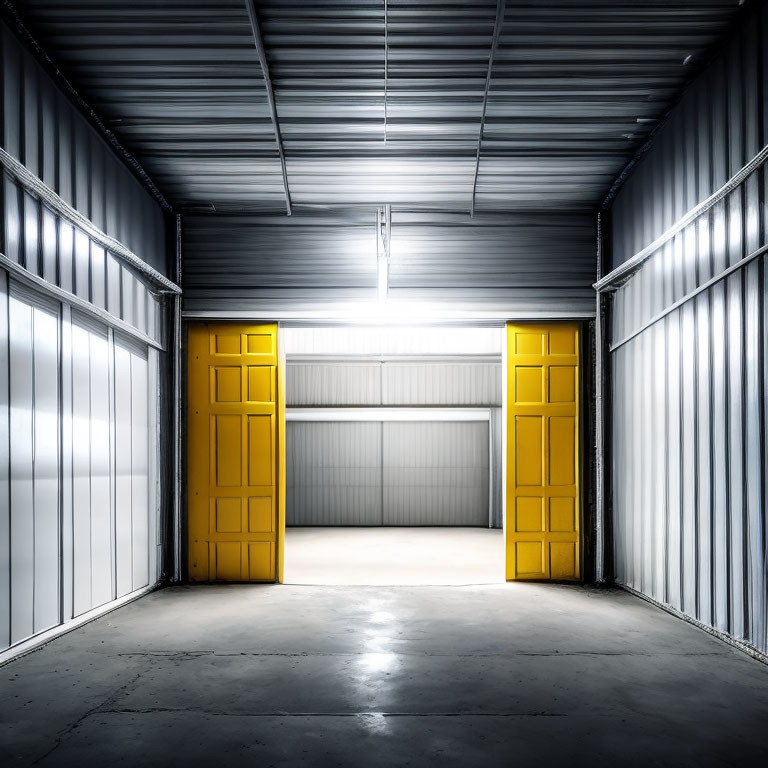 Empty industrial warehouse with high ceiling and bright lights, two large yellow doors open