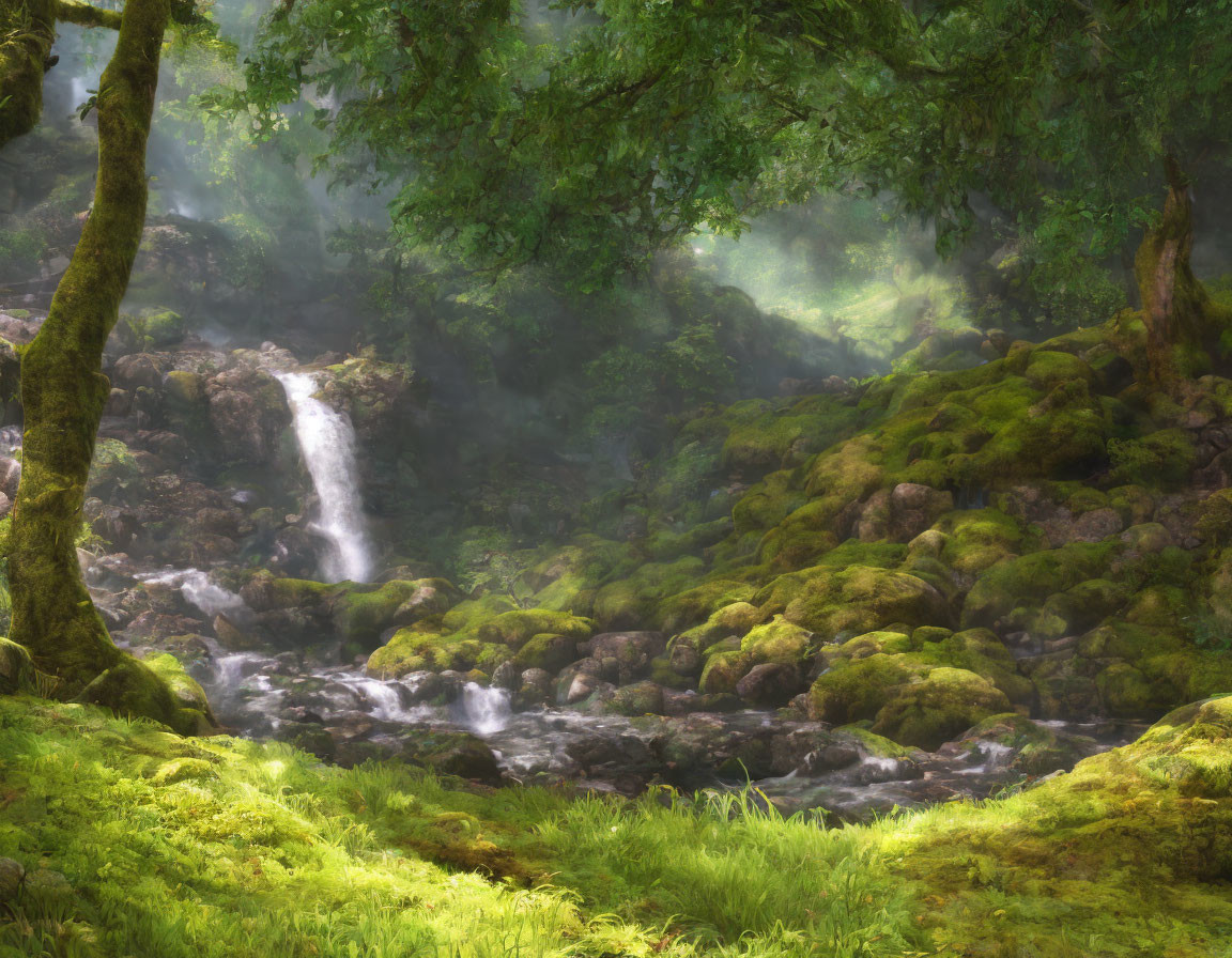 Tranquil forest landscape with waterfall, moss-covered stones, and sunlight beams