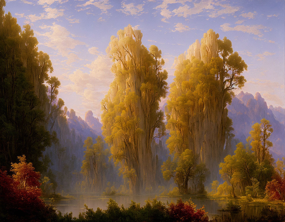 Tranquil landscape painting: Golden trees, calm lake, mountains, warm light