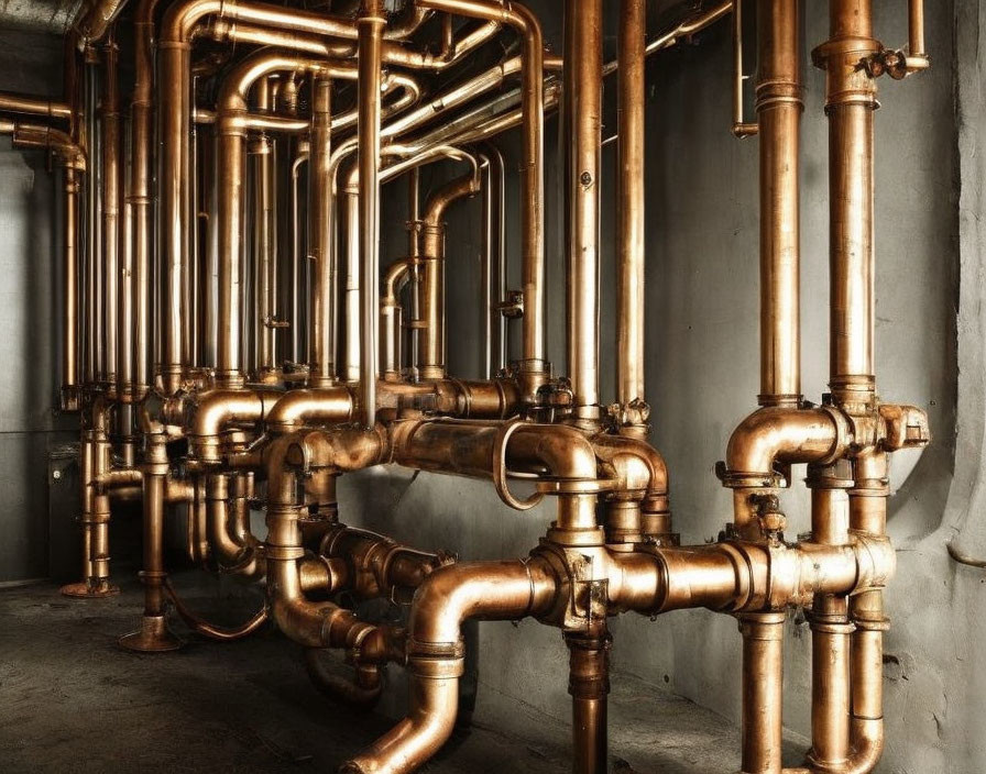 Shiny copper pipes and valves on concrete wall in industrial setting