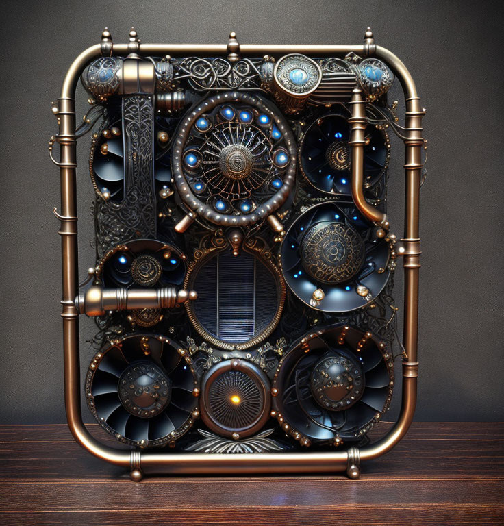 Steampunk-style mechanical device with gears and pipes on dark wood.