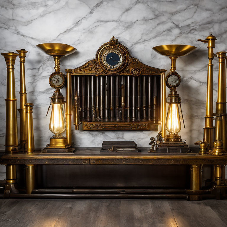 Ornate antique clock with brass candlesticks on wooden table