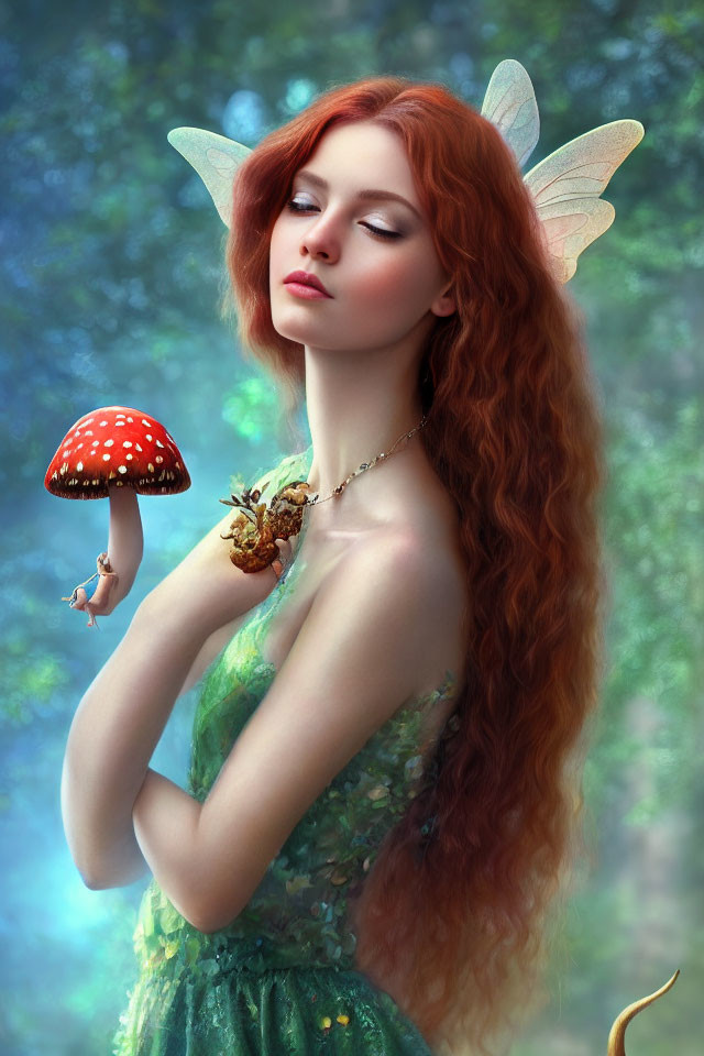 Red-haired fairy with translucent wings in green dress holding mushroom in mystical forest