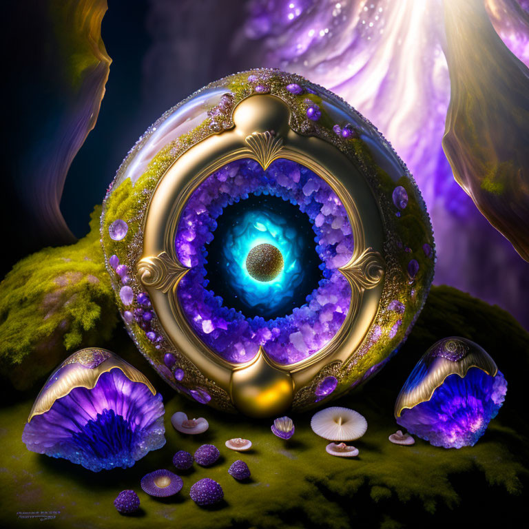 Fantasy image of glowing gem-filled portal with vibrant mushrooms and moss