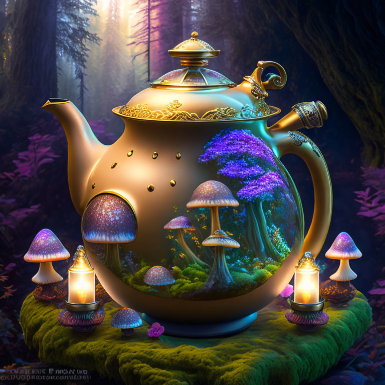 Glowing teapot in mystical forest with luminous mushrooms