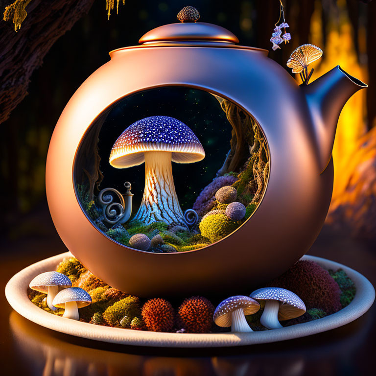 Whimsical teapot with forest and glowing mushrooms in enchanted night scene