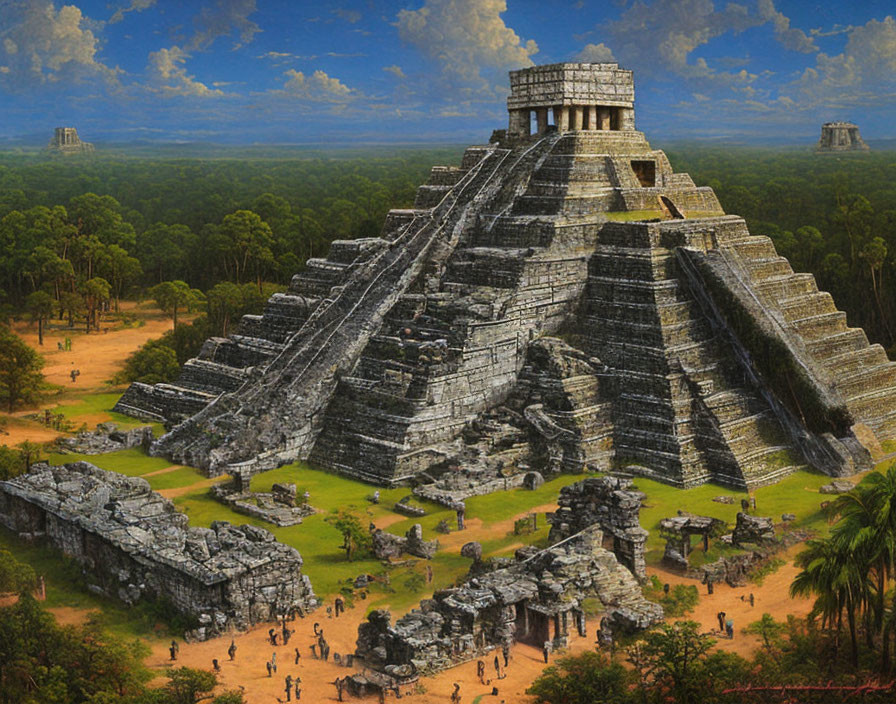 Ancient Mesoamerican pyramid in lush jungle with smaller structures and people.