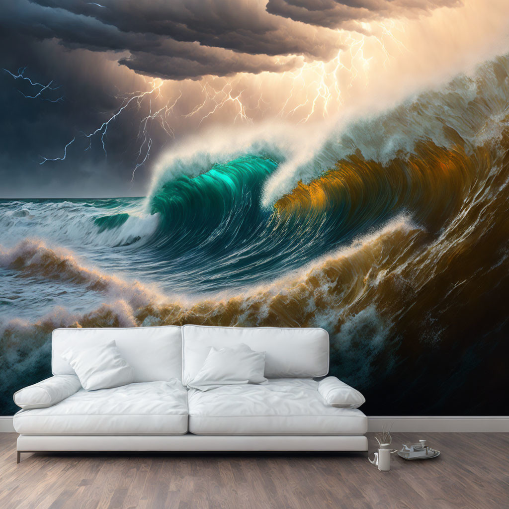 White Sofa Against Dramatic Ocean Wave Wall Mural