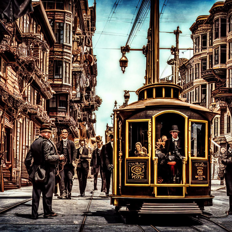 Bustling vintage street scene with pedestrians and cable car