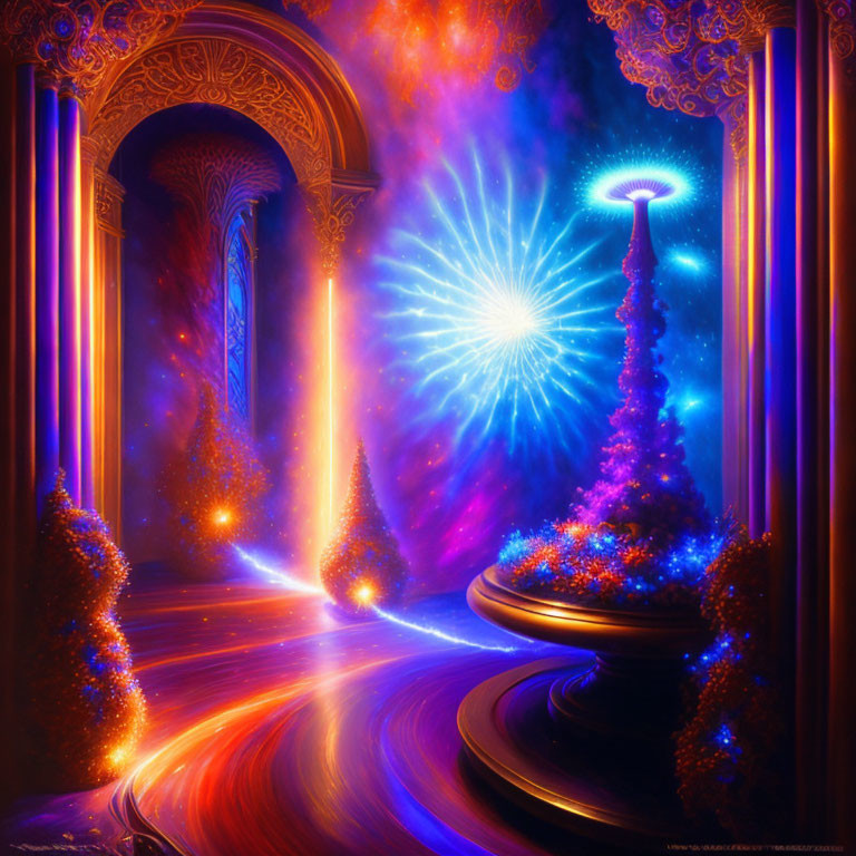 Surreal portal room with ornate columns and cosmic event