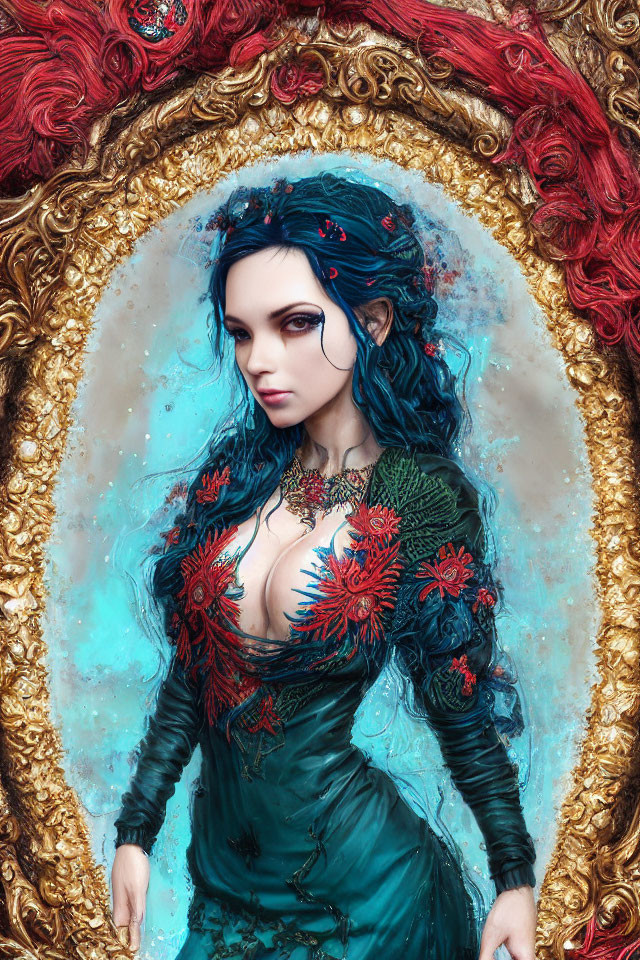 Portrait of Woman with Blue Hair in Red and Green Floral Attire and Gold Frame