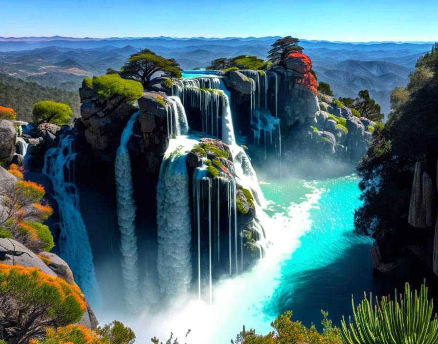 Scenic waterfall landscape with blue pool and rock formations