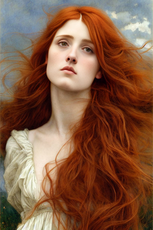 Portrait of Woman with Long Red Hair and Blue Eyes in Cream Dress