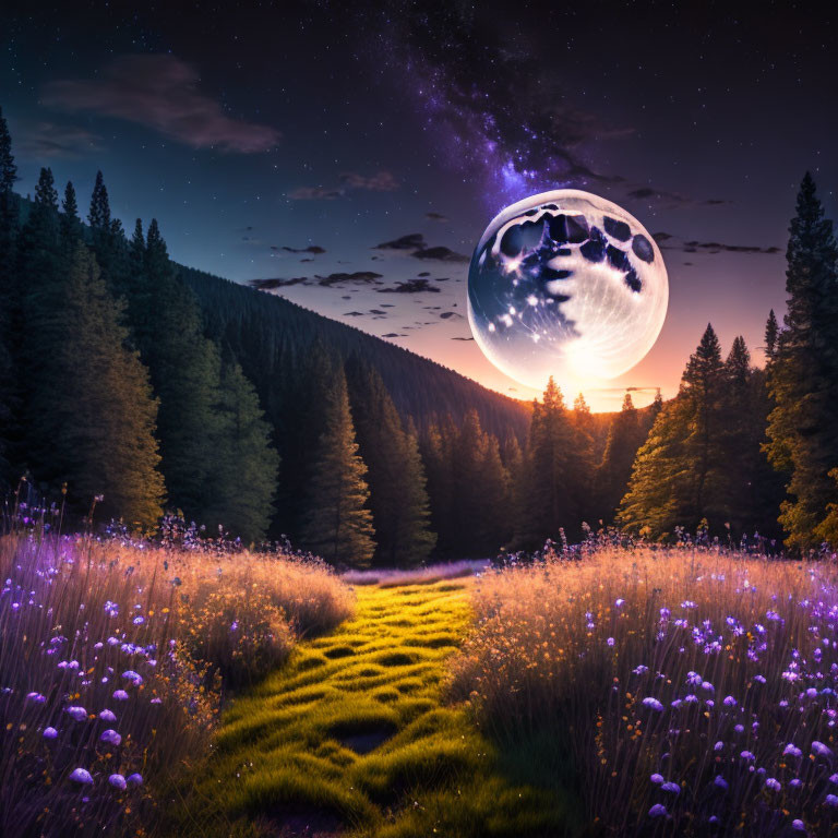 Vivid moon over twilight fantasy landscape with purple flowers