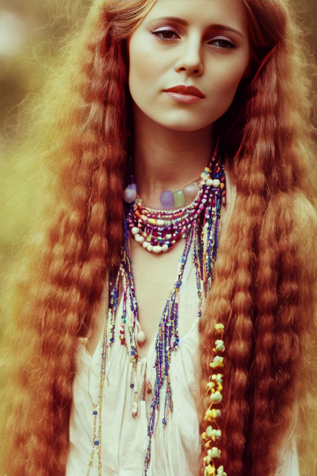 Woman with Long Auburn Hair and Beaded Necklaces in Cream Blouse