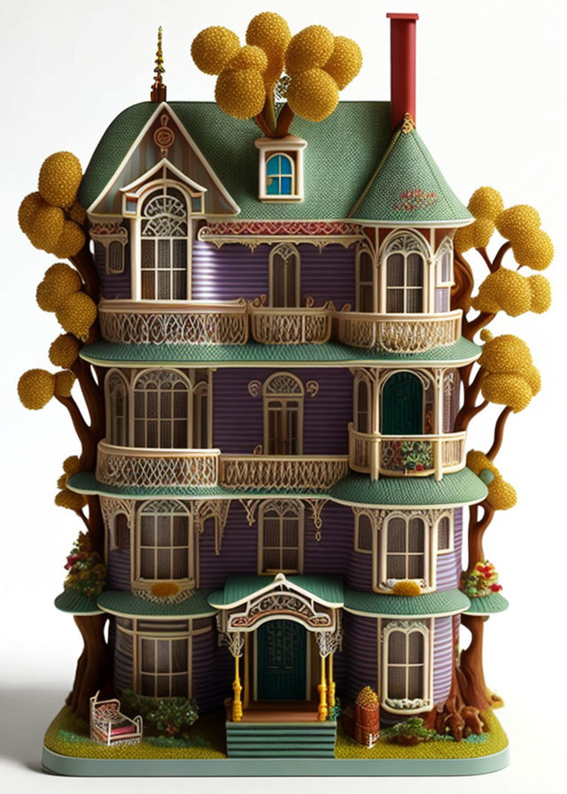 Colorful Victorian-style dollhouse with whimsical tree-like structures and ornate details