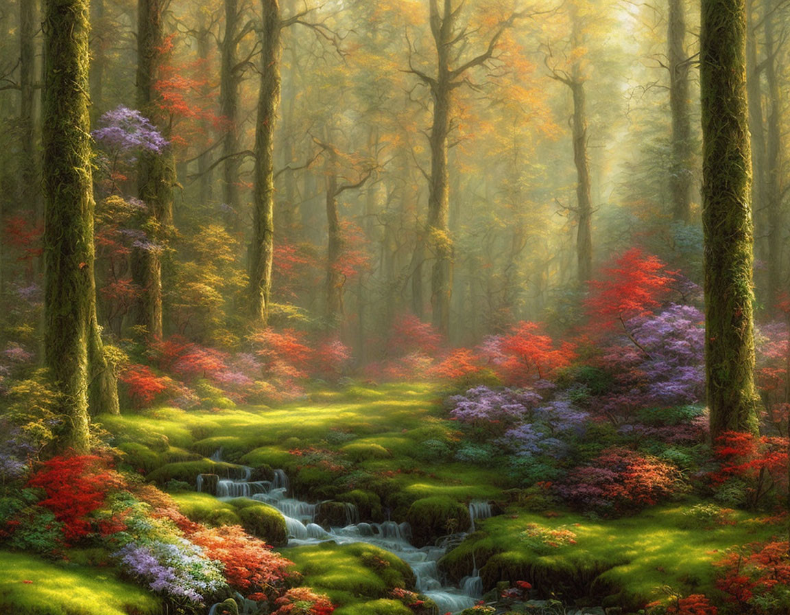 Sunlit mystical forest with tall trees, colorful flowers, and a gentle stream