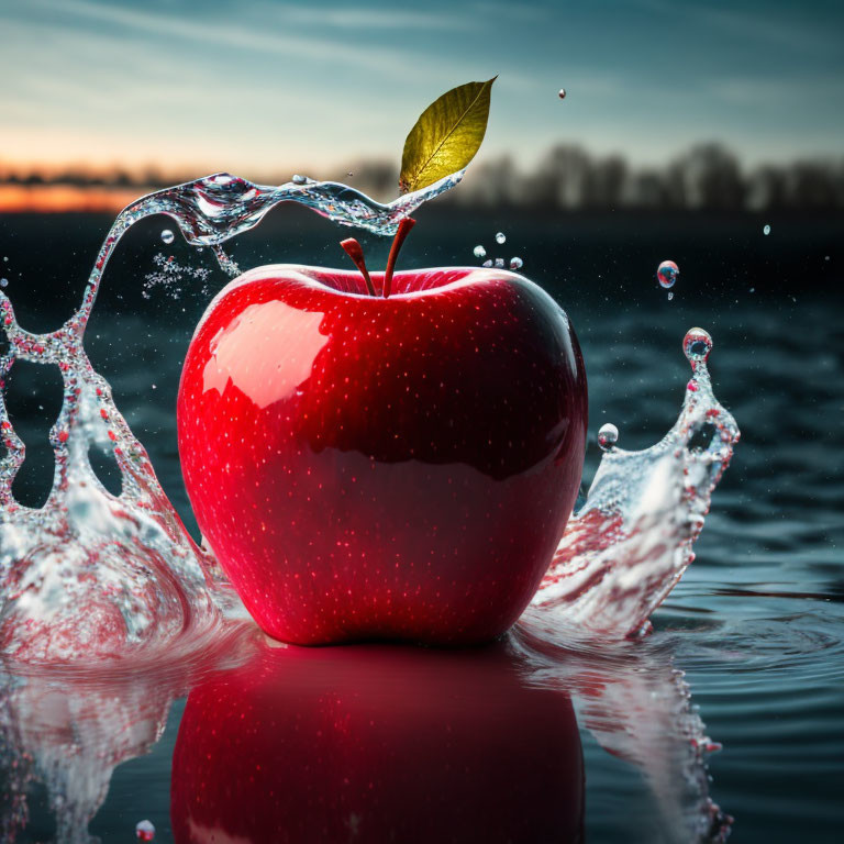 Red apple with green leaf in water against twilight sky.