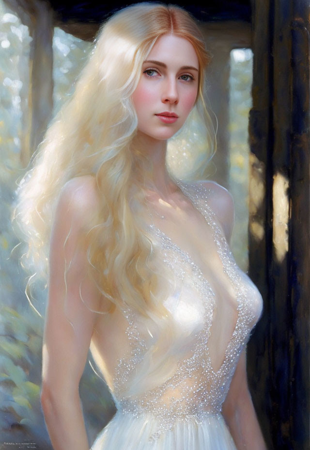 Blond woman in white dress in sunlit forest