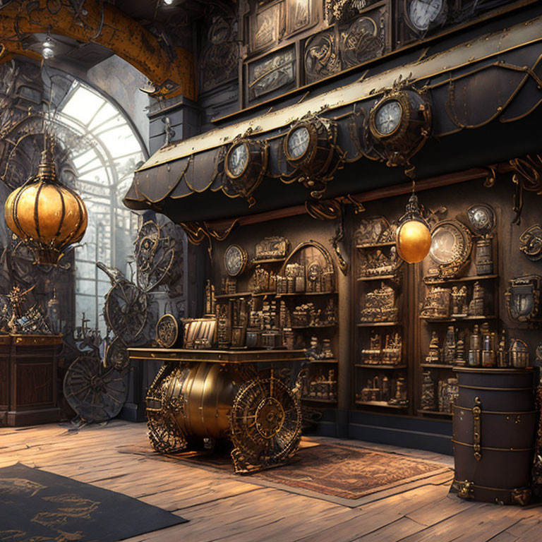 Steampunk-themed room with brass gears, vintage clocks, intricate machinery, and warm golden glow.