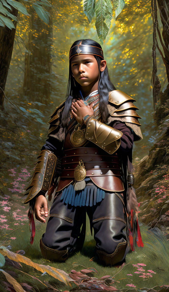 Detailed digital illustration of a young warrior in ornate armor standing in a forest.