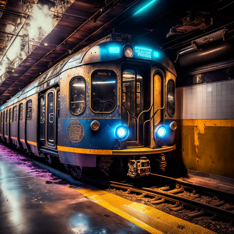 Vintage Subway Train in Blue-lit Underground Station