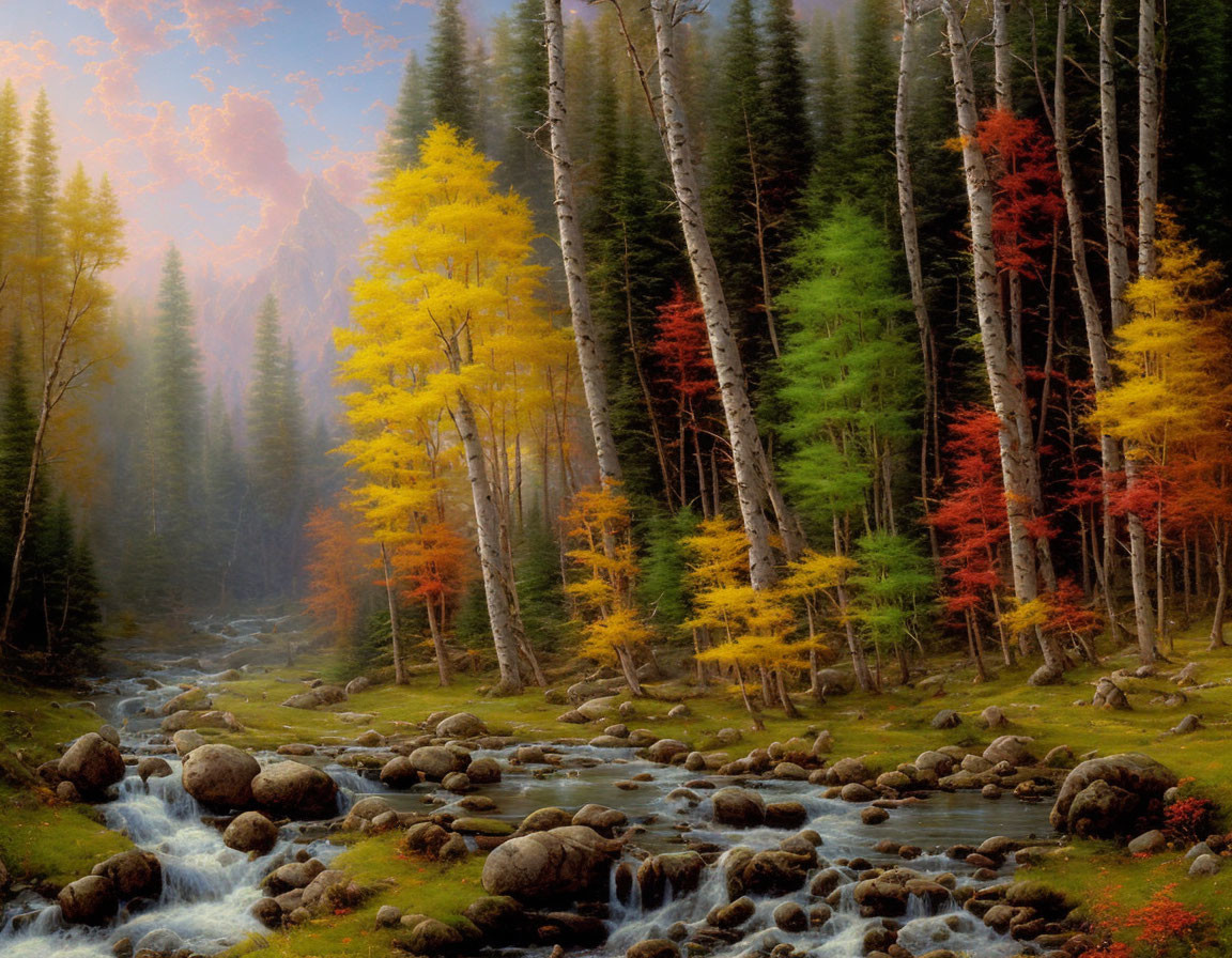 Tranquil Autumn Forest Landscape with Babbling Brook