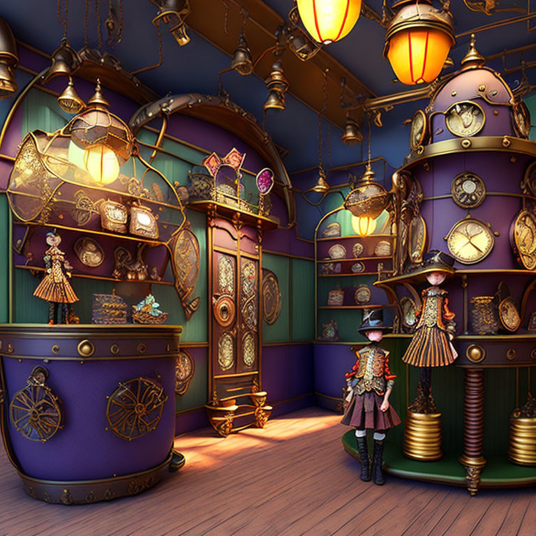 Steampunk shop interior with clocks, warm lighting, and vintage attire.