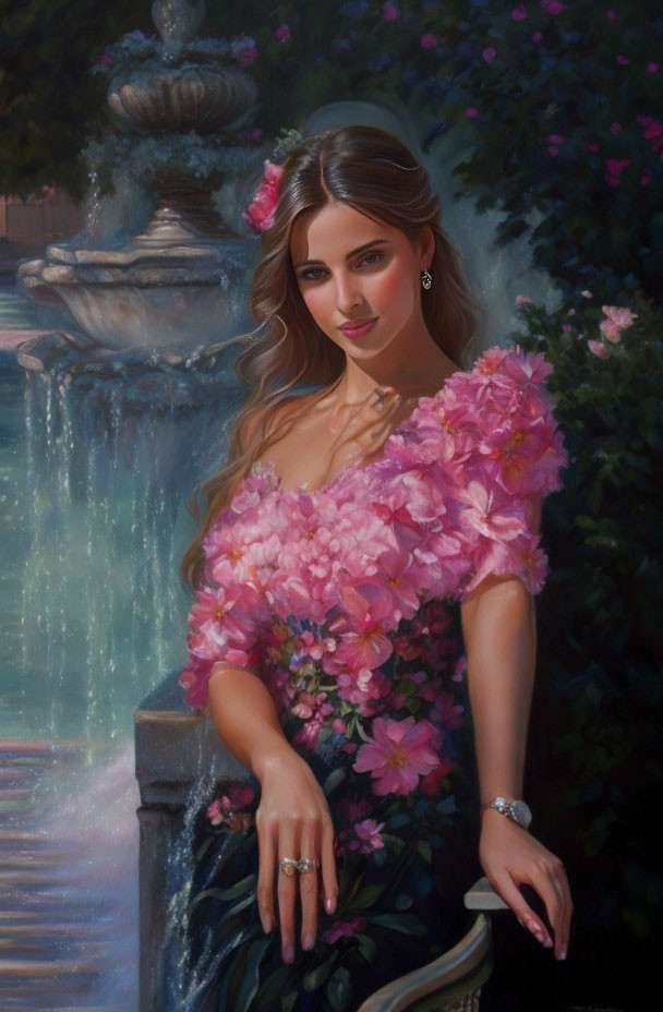 Elegant woman in floral dress by fountain and flowers.