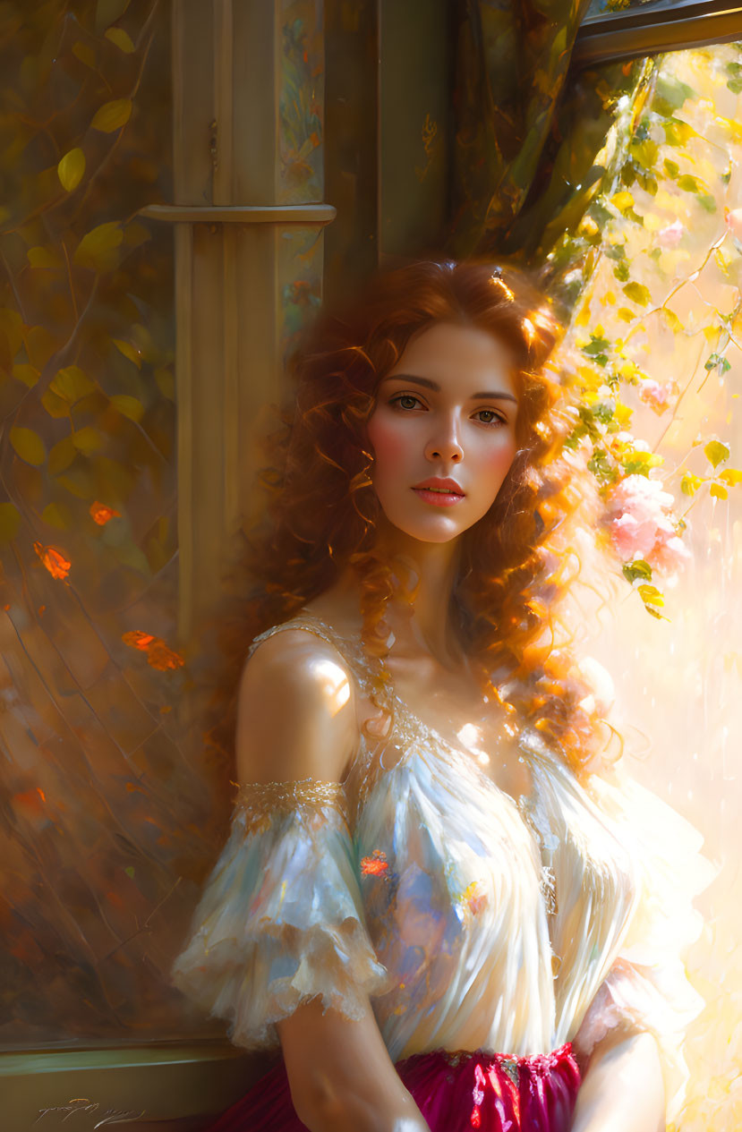 Red-haired woman in ethereal attire basks in warm autumn sunlight by window